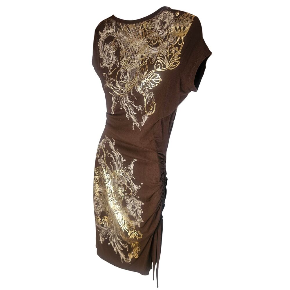 Cache Brown With Gold Silver Print Bodycon Dress Sz M Stretchy V Neck - Picture 6 of 10